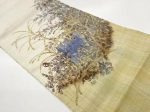 手織り真綿紬木々にすすき模様織出し名古屋帯